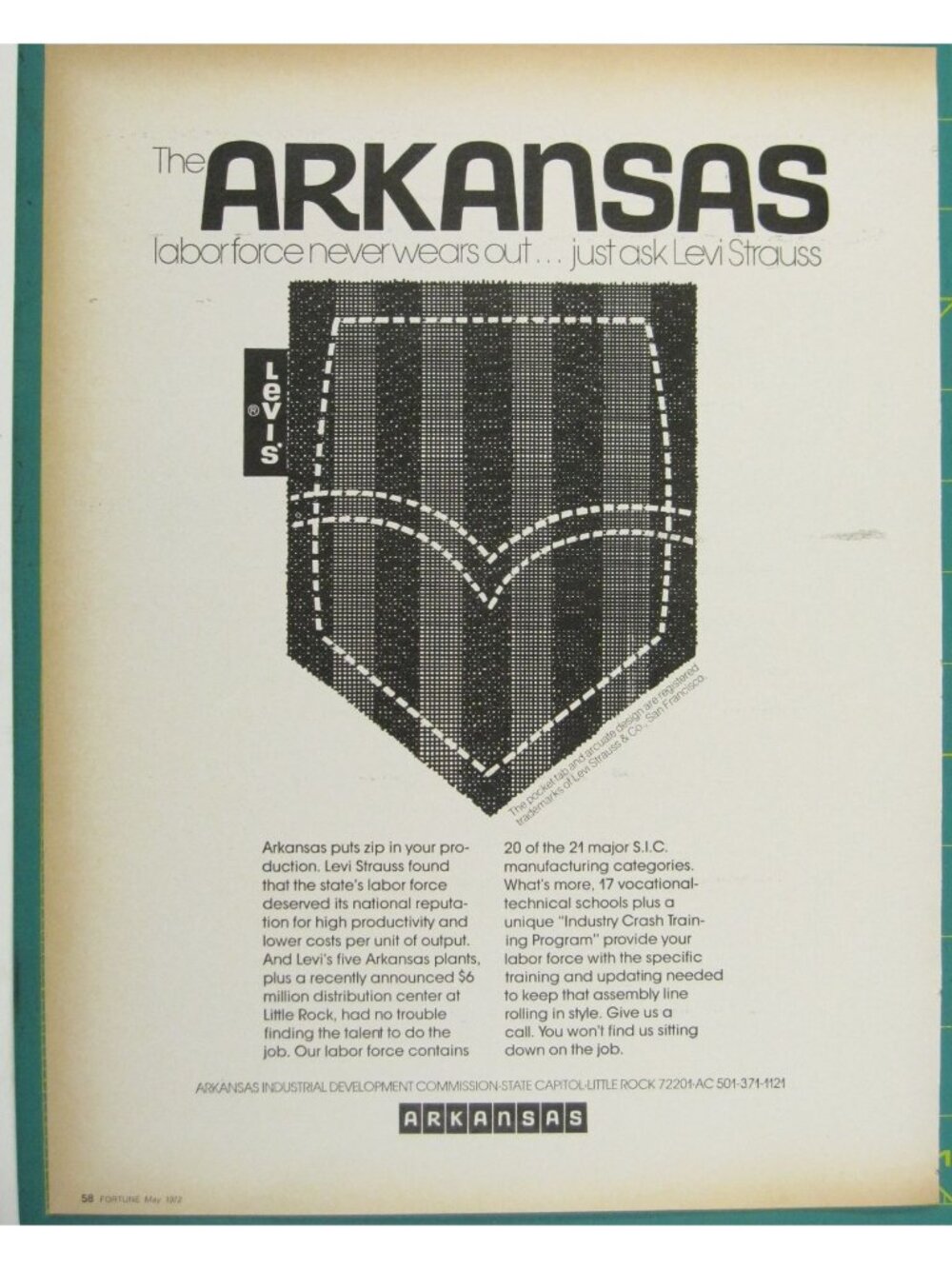 Print Ad Arkansas Labor Force Levi Strauss Productivity Fashion Vintage 1972